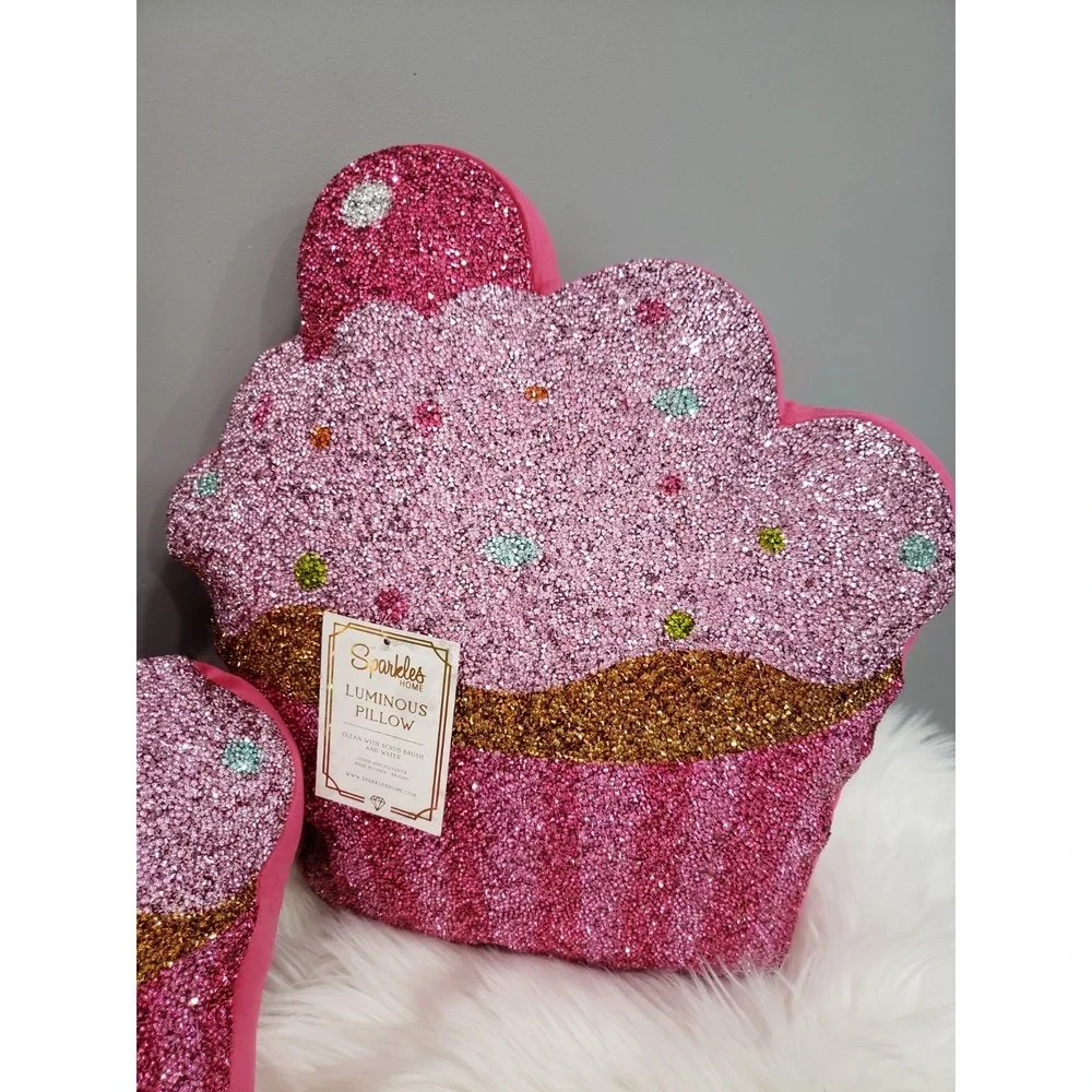 LOT 2 Sparkles Home Pink Cupcake Shaped Beaded Throw Pillow Dessert Sweet‎ Candy